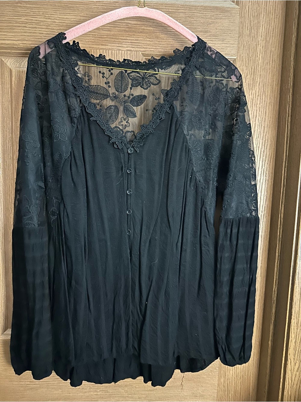 Black Floral Lace Yoke Button-Front Blouse